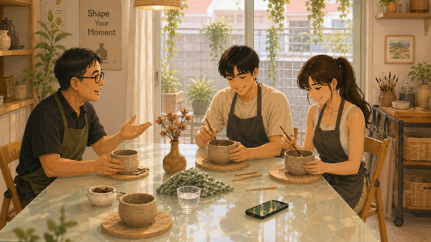 Pixel-art illustration of an instructor in an apron guiding a couple carving their clay cups at a sunlit table in Studio Asobi, plants and shelves of finished pottery around the room.