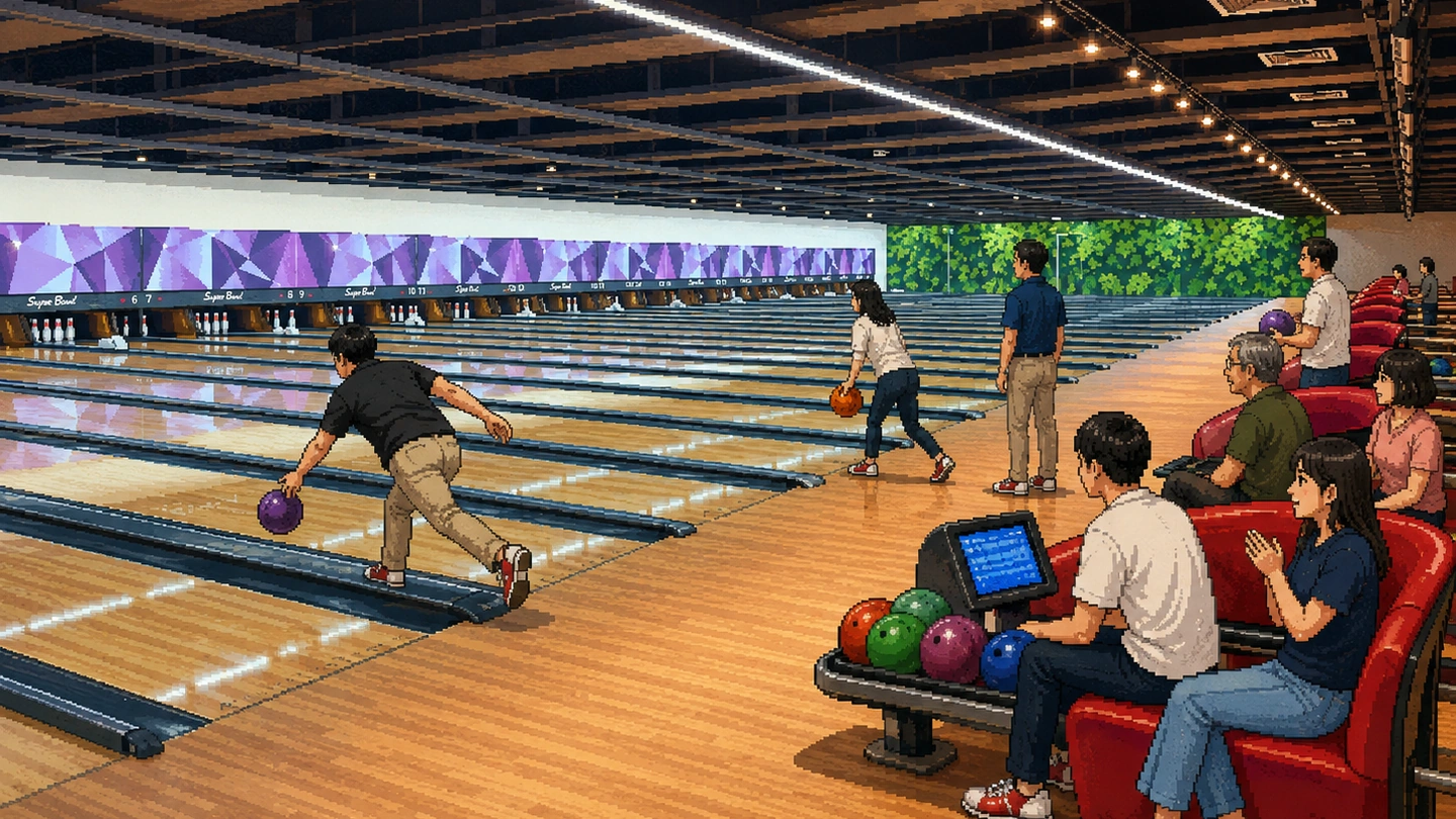 Pixel-art illustration of a busy session at SuperBowl Khatib, one bowler mid-delivery down a long row of lanes while others wait in the red seating.