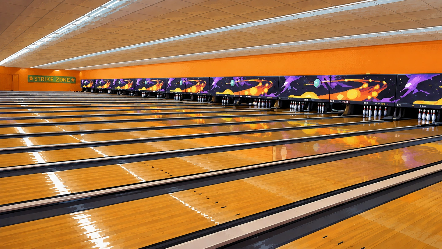 Pixel-art illustration of the long row of lanes at SuperBowl Mount Faber, pins set at every one, orange walls and a Strike Zone sign at the far end.
