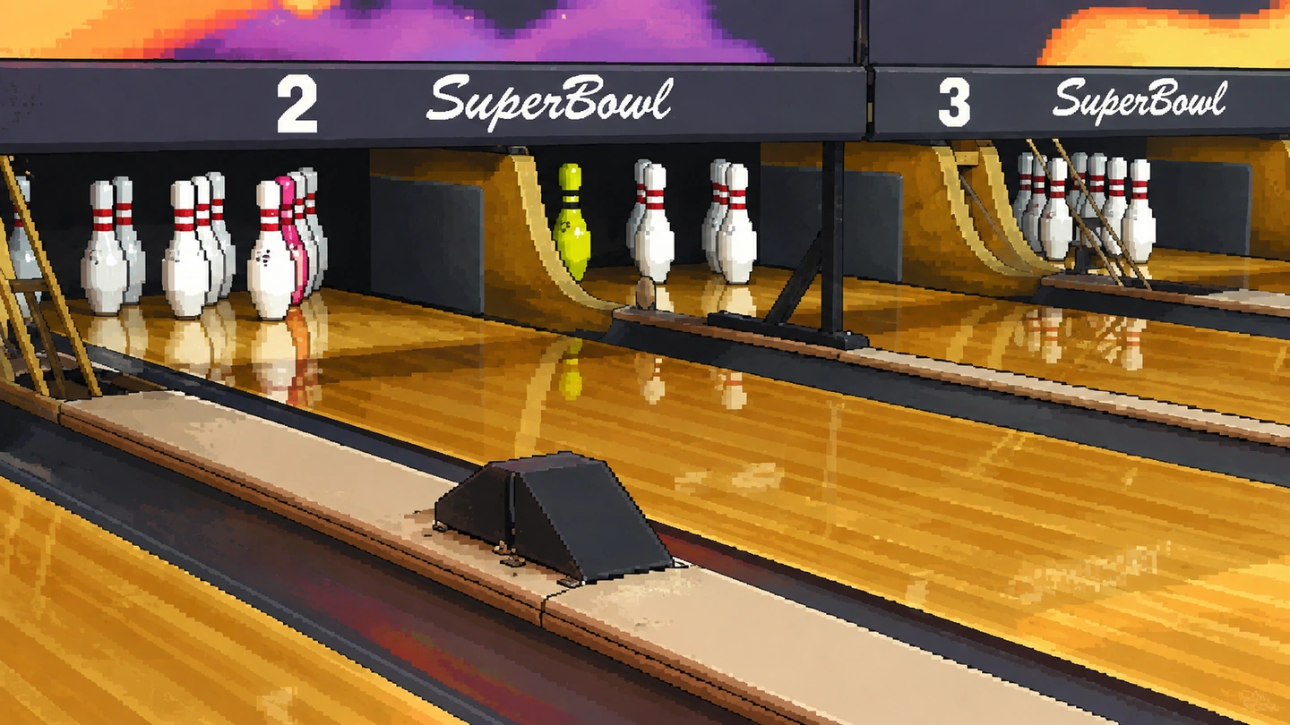 Pixel-art illustration of two bowling lanes at SuperBowl Siglap, pins set at the end of the polished wood under the lane numbers and the SuperBowl signage.
