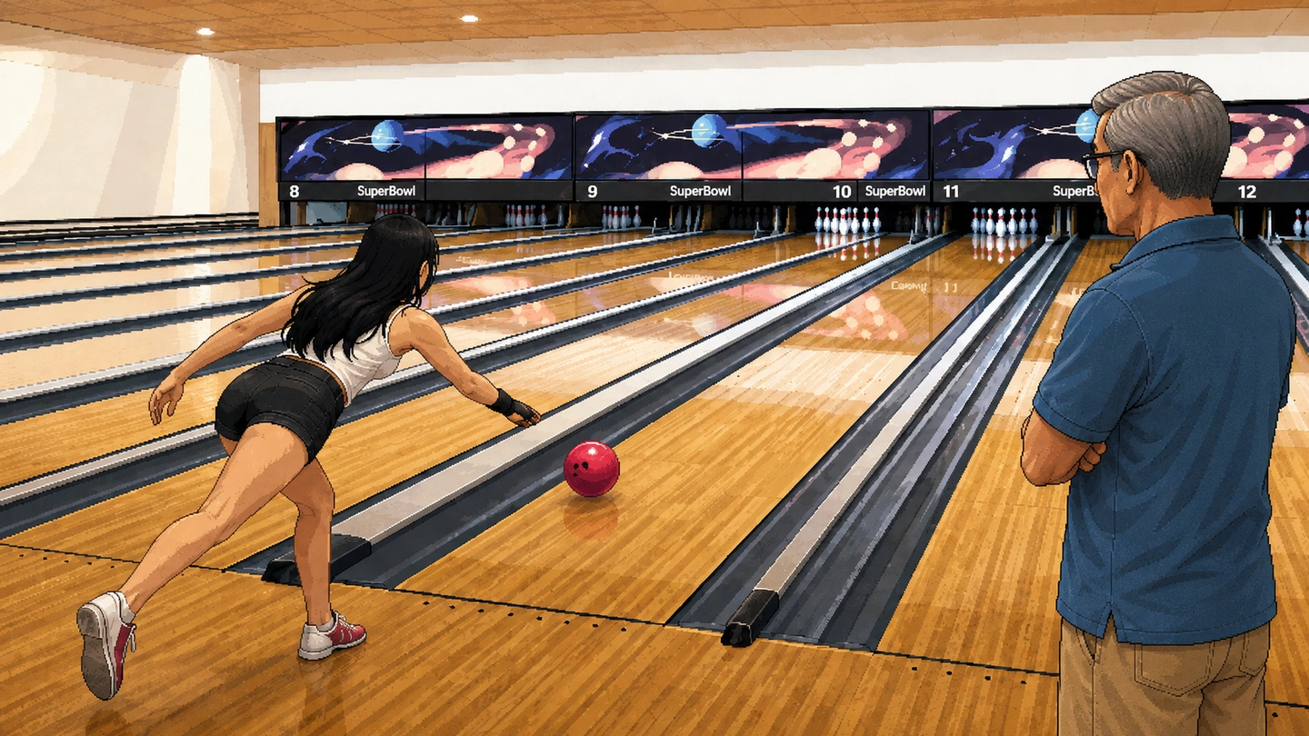 Pixel-art illustration of a bowler releasing her ball down the lane at SuperBowl Tampines while another player watches from the next approach.
