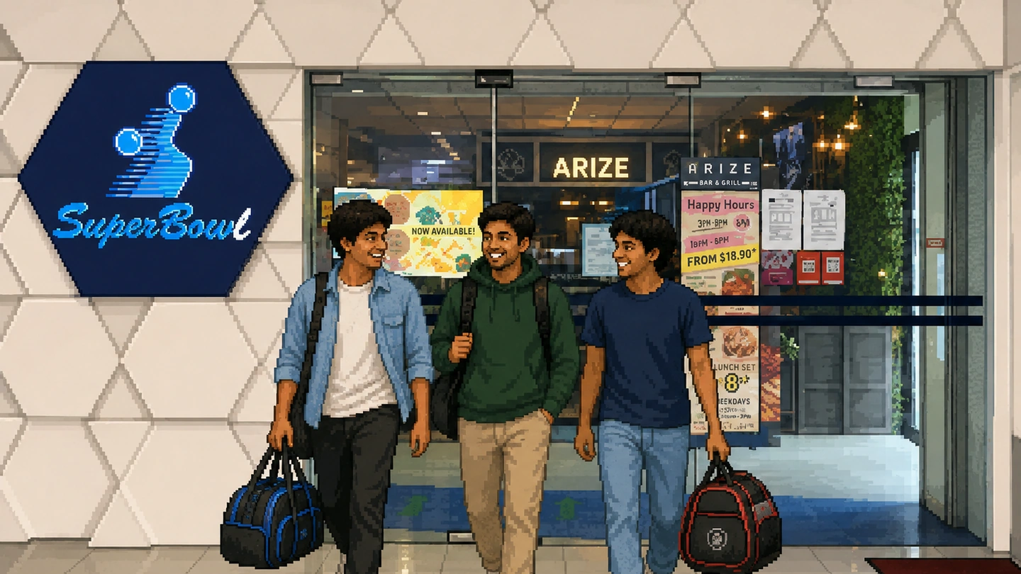 Pixel-art illustration of three friends leaving SuperBowl Toa Payoh with their bowling bags, the SuperBowl sign on the wall beside the entrance.