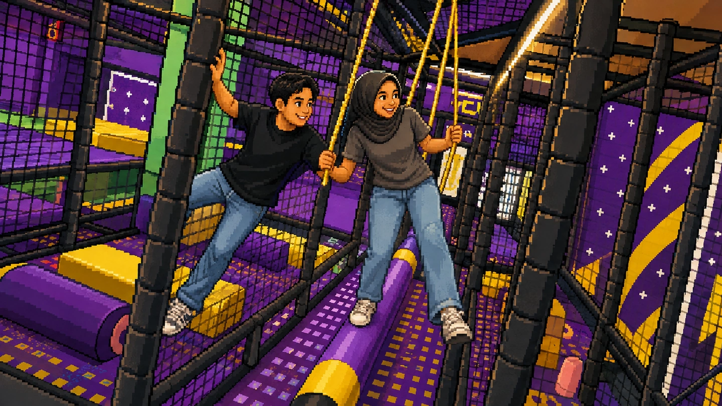 Pixel-art illustration of two teenagers on the rope swing and climbing frame inside the purple and yellow adventure structure at SuperPark Suntec City.
