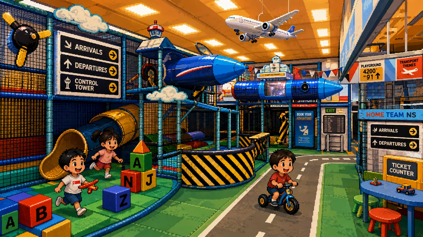 Pixel-art illustration of children climbing through a multi-level indoor playground of nets, slides and padded platforms under a high ceiling.