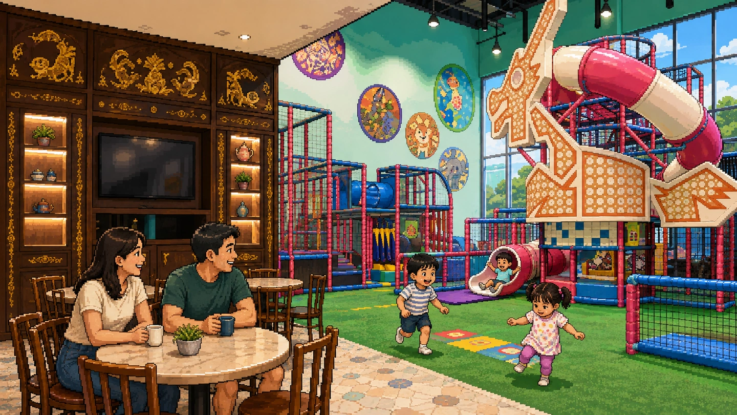 Pixel-art illustration of a parents cafe beside an indoor playground, two adults with coffee at a table while children run and slide on the play frame behind them.
