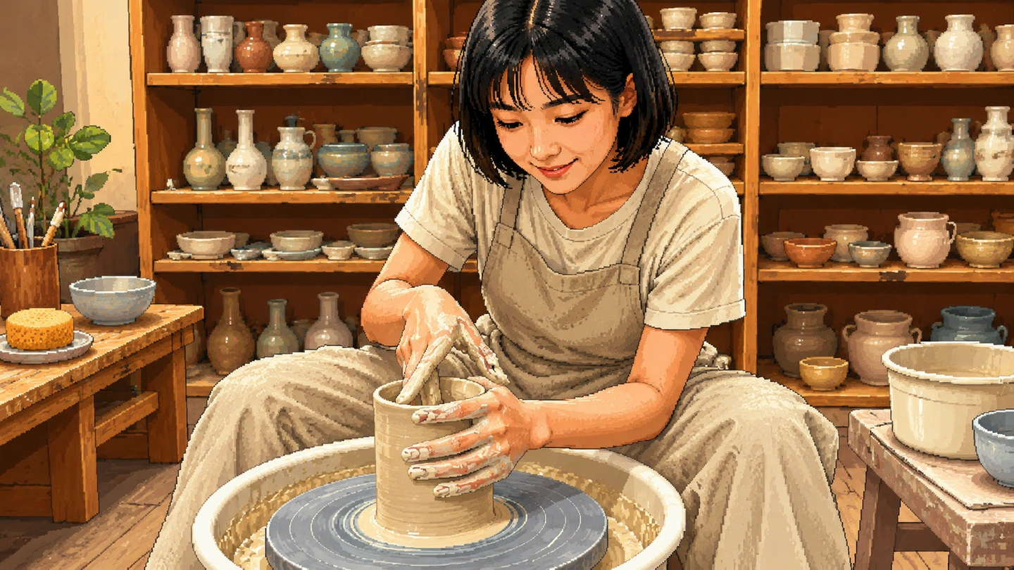 Pixel-art illustration of a woman throwing a tall cylinder on a pottery wheel, both hands on the clay, with shelves of finished pots filling the wall behind her.