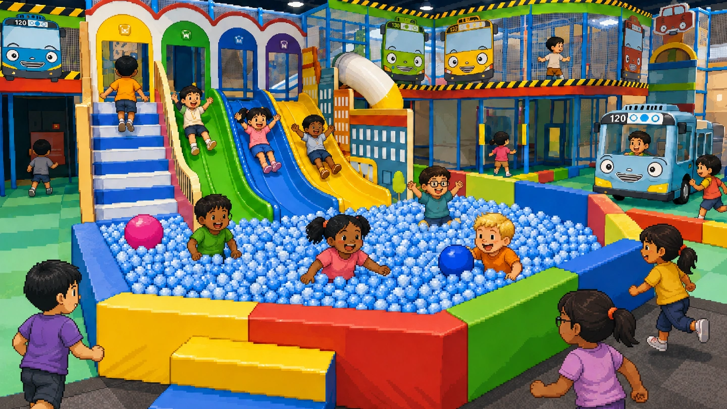 Pixel-art illustration of children playing in the ball pit and coming down the slides at Tayo Station, a ride-on bus and the bus-themed play frame behind them.
