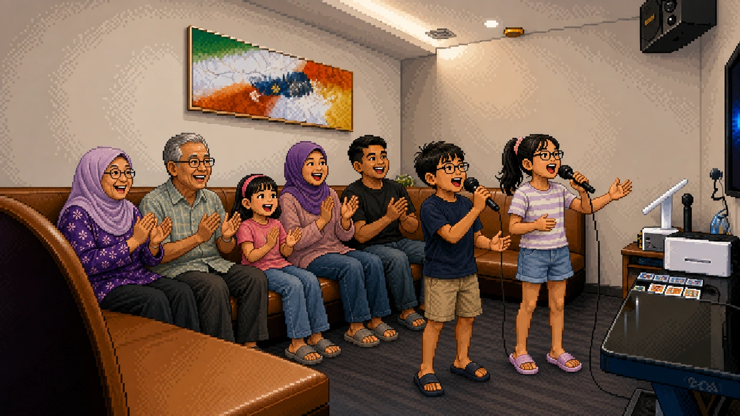 Pixel-art illustration of two children singing into microphones in a karaoke room while three generations of their family applaud from the couch behind them.