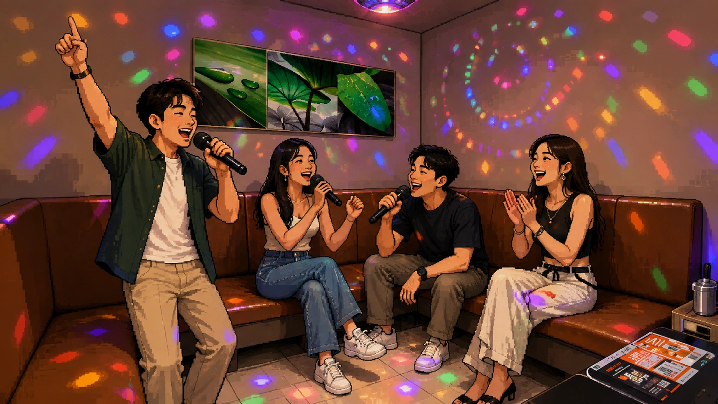 Pixel-art illustration of four friends singing together on a brown leather corner sofa in a Teo Heng karaoke room, disco lights scattering colour across the walls and floor.