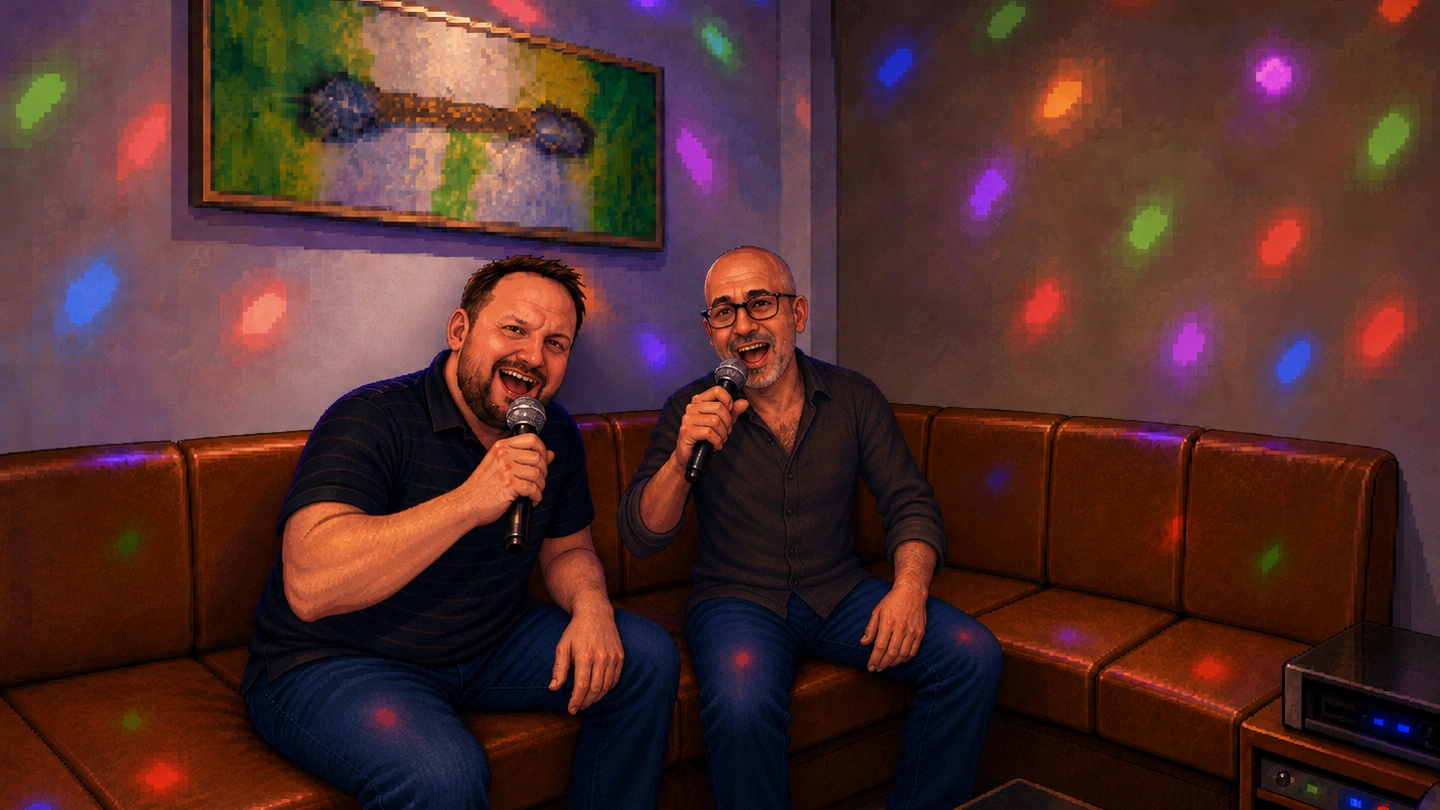 Pixel-art illustration of two men singing into microphones on a tan leather sofa in a Teo Heng karaoke room, disco lights scattering colour across the walls behind them.