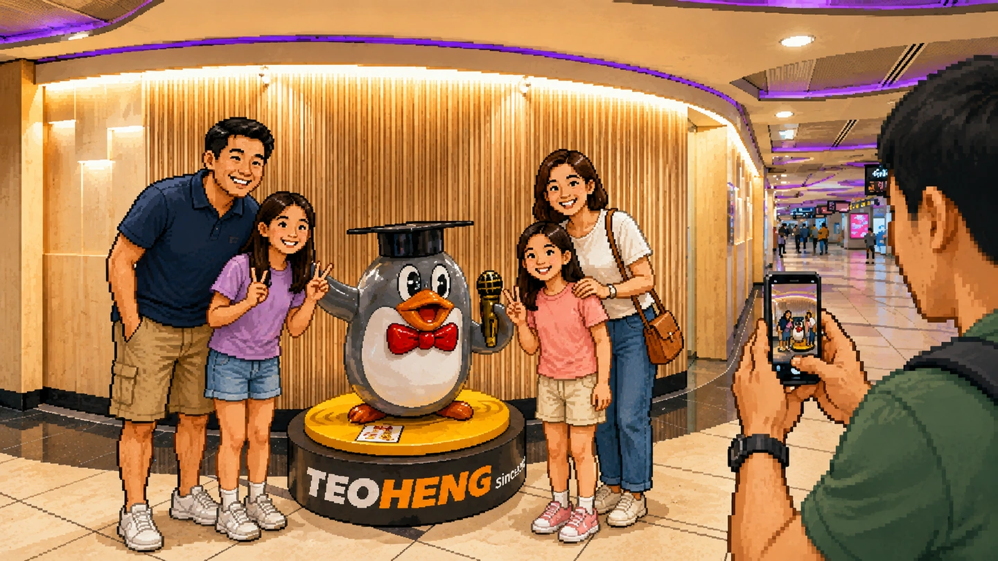 Pixel-art illustration of a family posing either side of the Teo Heng penguin mascot statue in a mall walkway while another person photographs them on a phone.