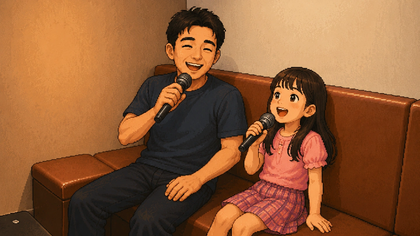 Pixel-art illustration of a father and his young daughter singing together into microphones on a brown leather bench in a small Teo Heng karaoke room.