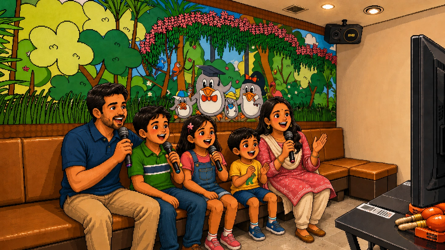 Pixel-art illustration of a family of five sharing microphones on a bench in a Teo Heng karaoke room, three children between their parents and a painted jungle mural along the wall behind.