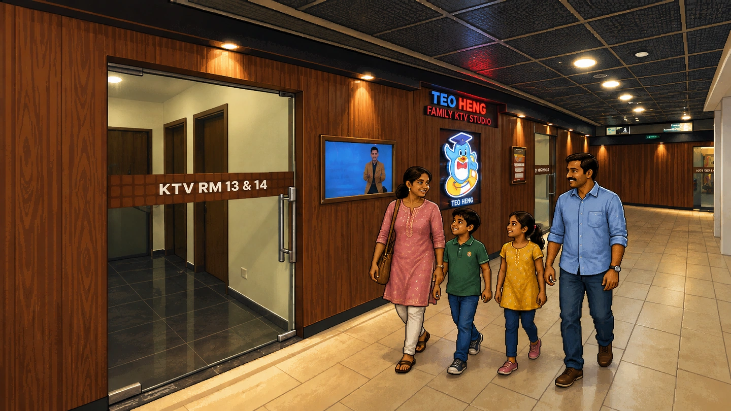 Pixel-art illustration of a family of four walking along the timber-panelled corridor outside the Teo Heng rooms, the lit brand sign and penguin mascot ahead of them.