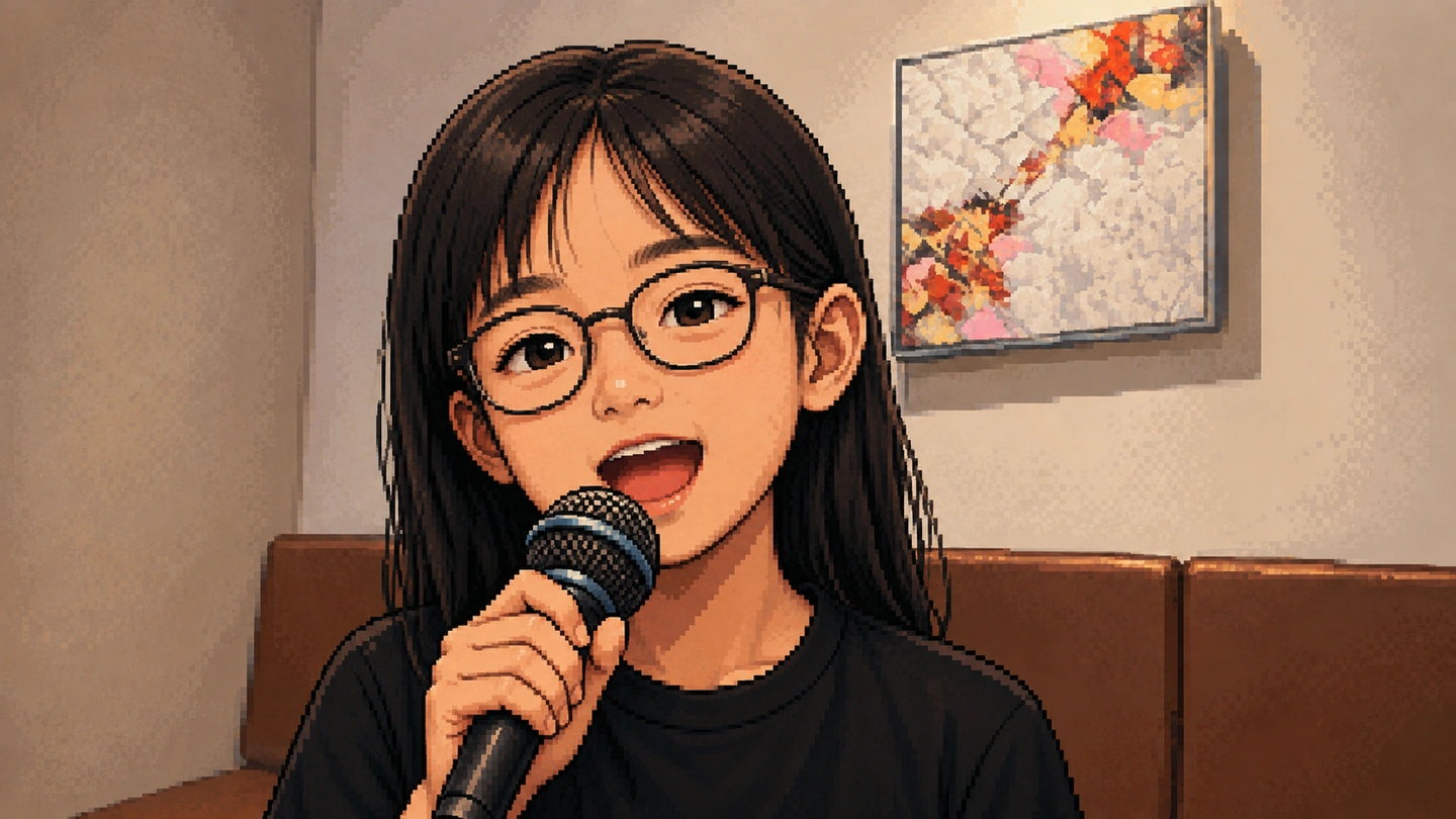 Pixel-art illustration of a girl mid-song with a microphone in a plainly furnished karaoke room, a brown couch and a framed print behind her.