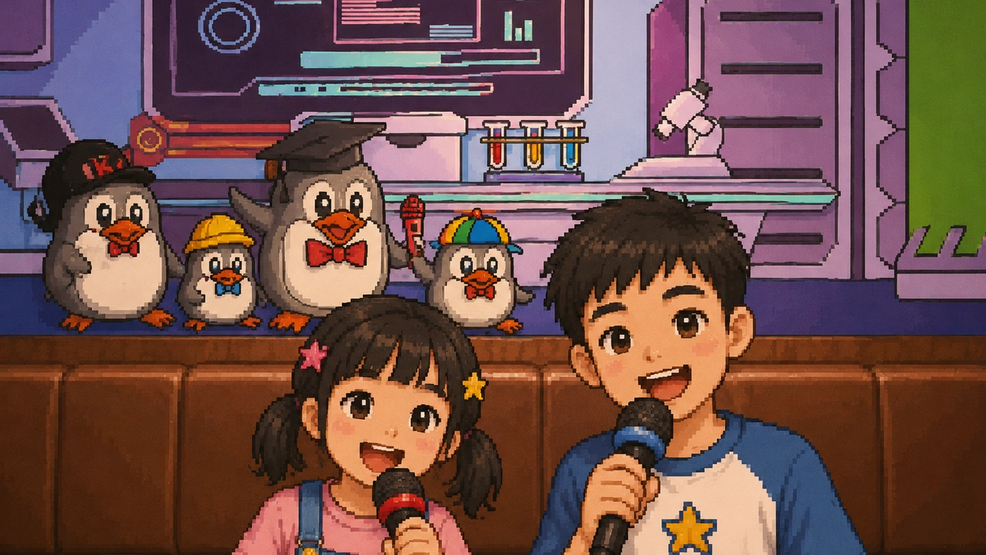 Pixel-art illustration of two children singing into microphones in a Teo Heng karaoke room, a row of penguin mascot toys in hats lined up on the seat back behind them.