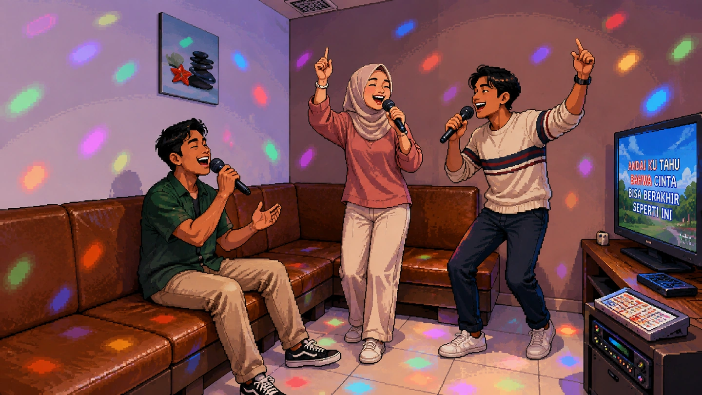 Pixel-art illustration of three friends singing along to a Malay song in a Teo Heng karaoke room, two on their feet with microphones raised and disco lights across the walls.