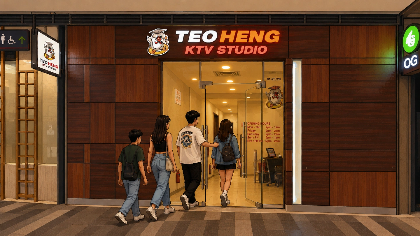 Pixel-art illustration of four friends walking through the glass doors of the Teo Heng KTV Studio shopfront, the lit sign and mascot above them and a corridor of rooms beyond.