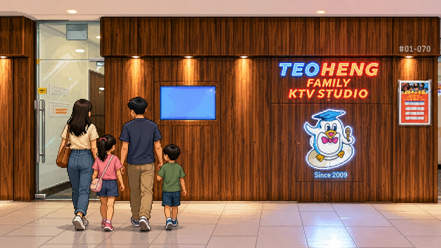 Pixel-art illustration of two parents and two young children walking towards the Teo Heng Family KTV Studio entrance, the lit sign and its microphone mascot on the timber wall beside them.