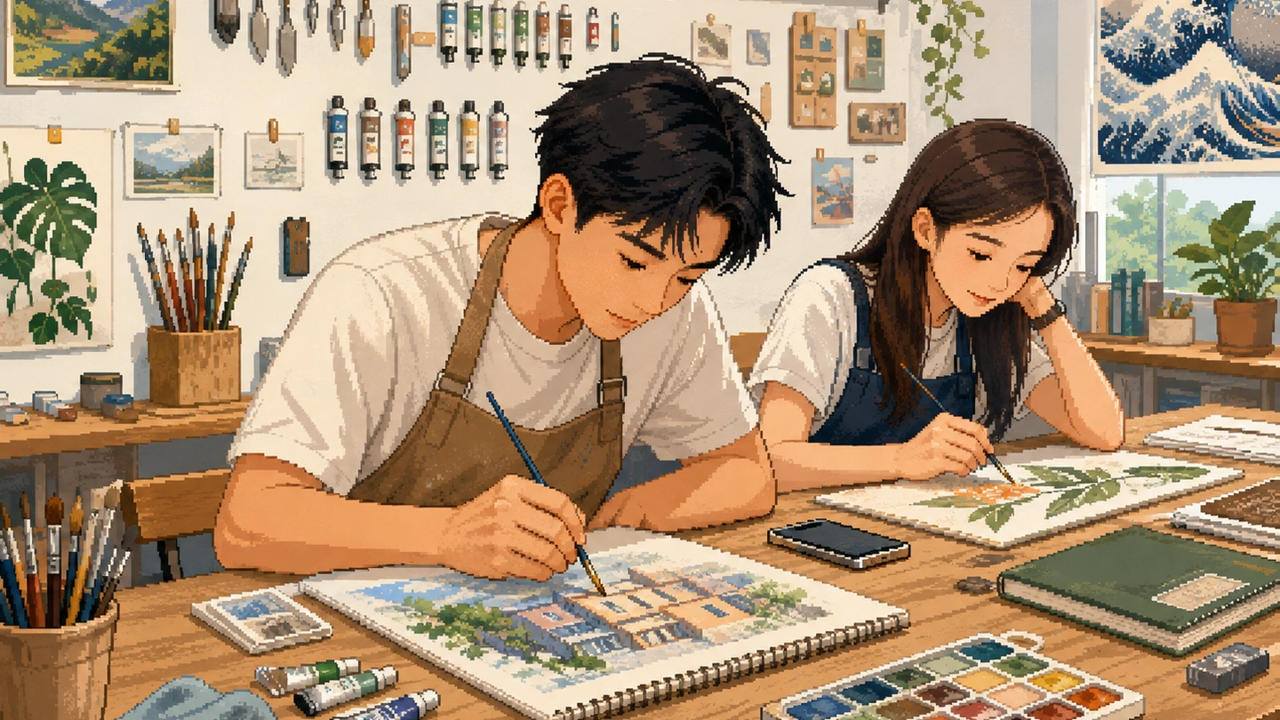 Pixel-art illustration of two people painting watercolours side by side at a wooden table, jars of brushes and paint tubes around them and finished studies pinned to the wall behind.