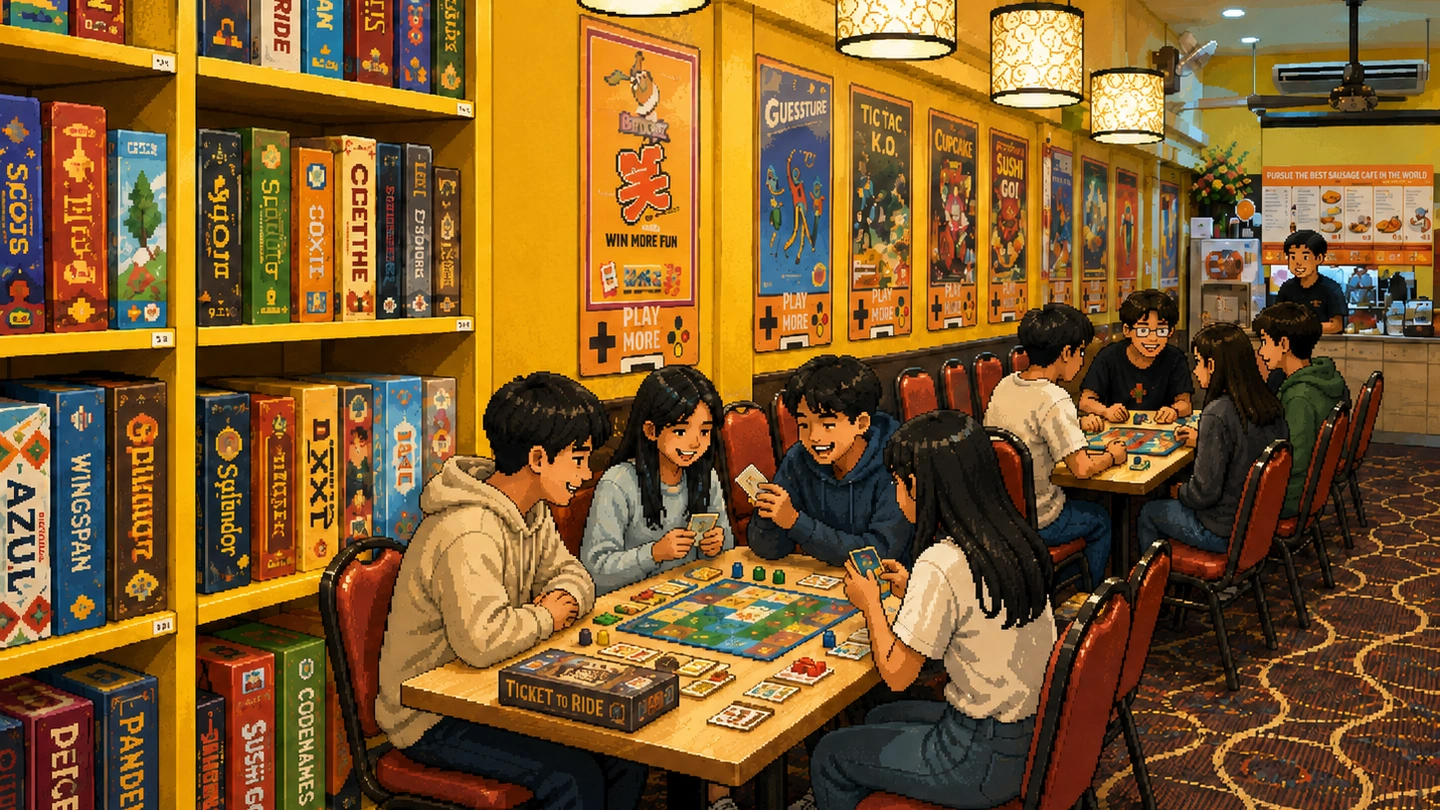 Pixel-art illustration of two groups playing board games at wooden tables in a busy games cafe, floor-to-ceiling shelves of boxed games beside them and a counter at the back.