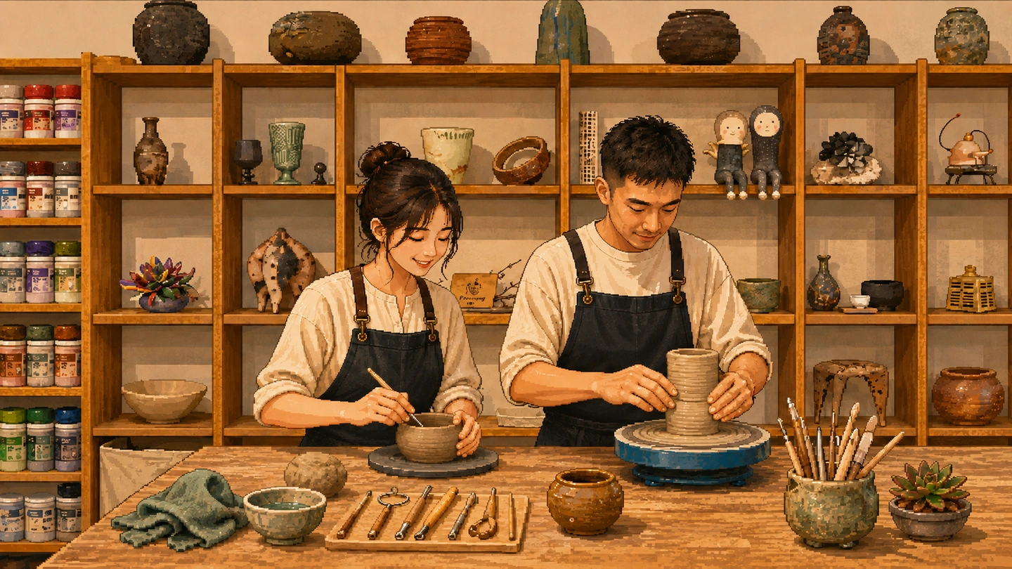 Pixel-art illustration of two people in aprons at a wooden bench, one throwing a tall pot on a wheel and the other painting a bowl, shelves of finished ceramics and glaze jars behind them.