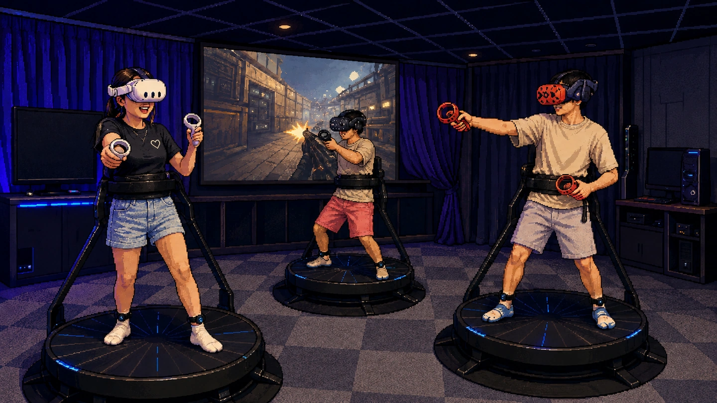 Pixel-art illustration of three players on omnidirectional VR treadmills at The VR Club, each harnessed into a platform with headset and controllers while the game plays on the big screen behind.