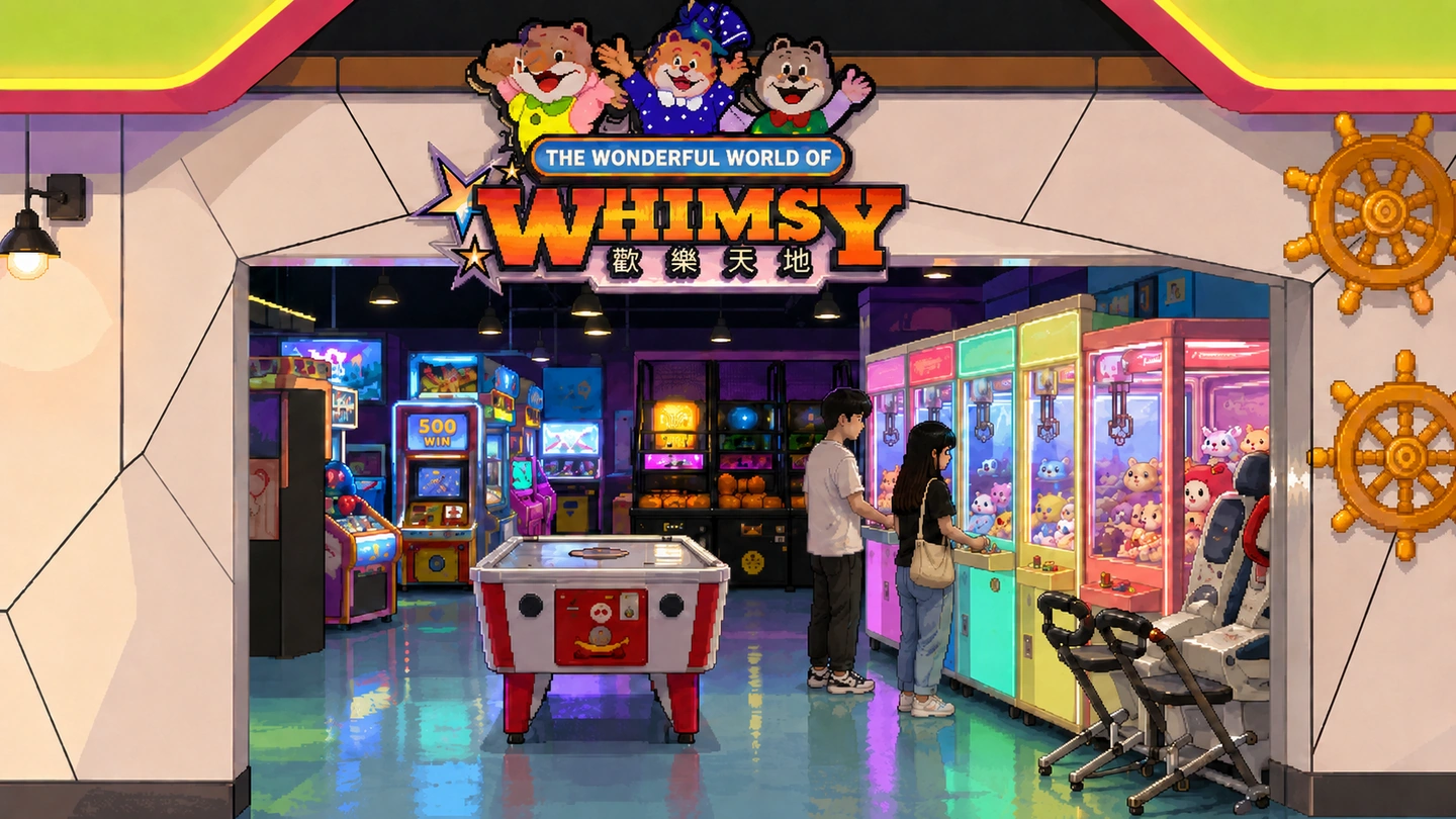 Pixel-art illustration of a couple at the claw machines just inside The Wonderful World of Whimsy, the lit shopfront sign above them and an air hockey table and redemption games behind.