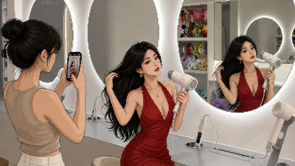 Pixel-art illustration of a woman in a red dress drying her hair at a ring-lit vanity mirror in a self-photo studio, a friend photographing her and a shelf of props behind.