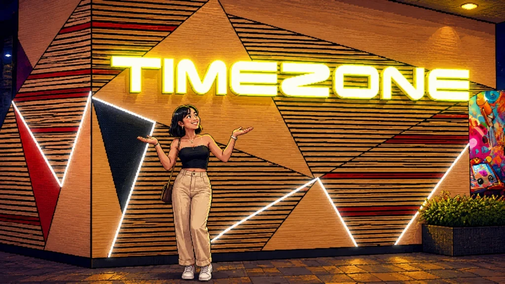 Pixel-art illustration of a woman standing outside a Timezone arcade at night, gesturing up at a large yellow neon TIMEZONE sign on a wood-panelled wall lit with white and red geometric stripes.