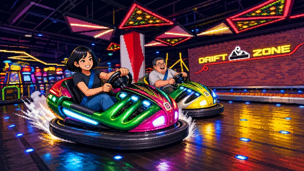 Pixel-art illustration of two drivers grinning as their bumper cars slide sideways across the Drift Zone track at Timezone Jurong Point.