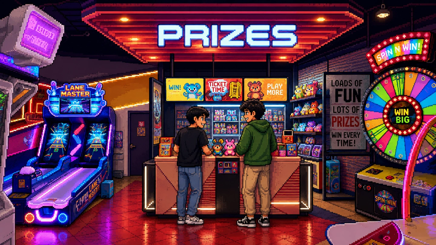 Pixel-art illustration of two friends at the prize redemption counter inside Timezone at Causeway Point, shelves of soft toys behind it and a prize wheel and bowling machines either side.
