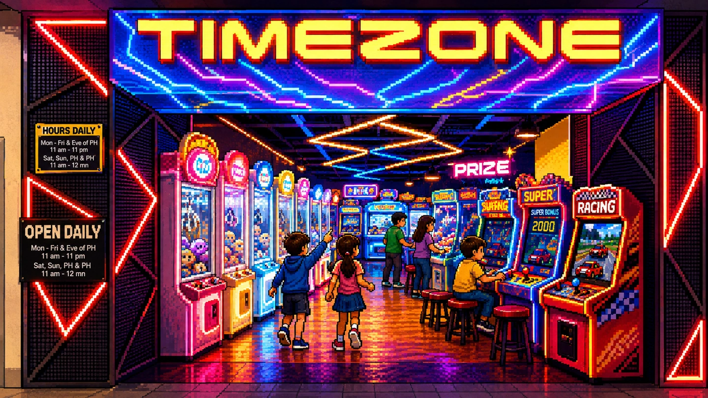 Pixel-art illustration of the Timezone shopfront at Hougang Mall, children at a ticket dome and a Monopoly cabinet, with the prize counter and claw machines behind.