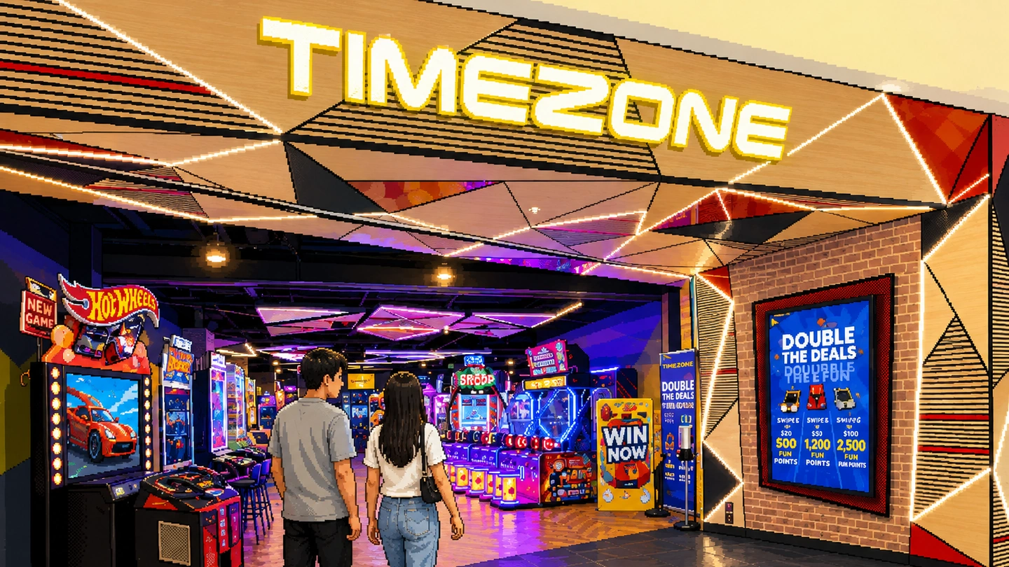 Pixel-art illustration of the entrance to Timezone Jurong Point, two visitors walking in beneath the lit TIMEZONE sign past racing cabinets and prize machines.