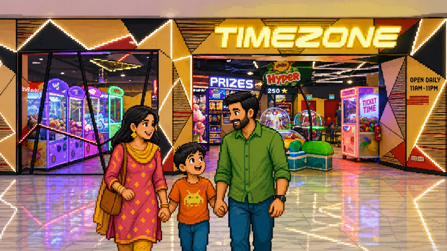 Pixel-art illustration of a family walking out of Timezone at Marina Square, the lit TIMEZONE sign above them and claw machines and the prize counter behind.