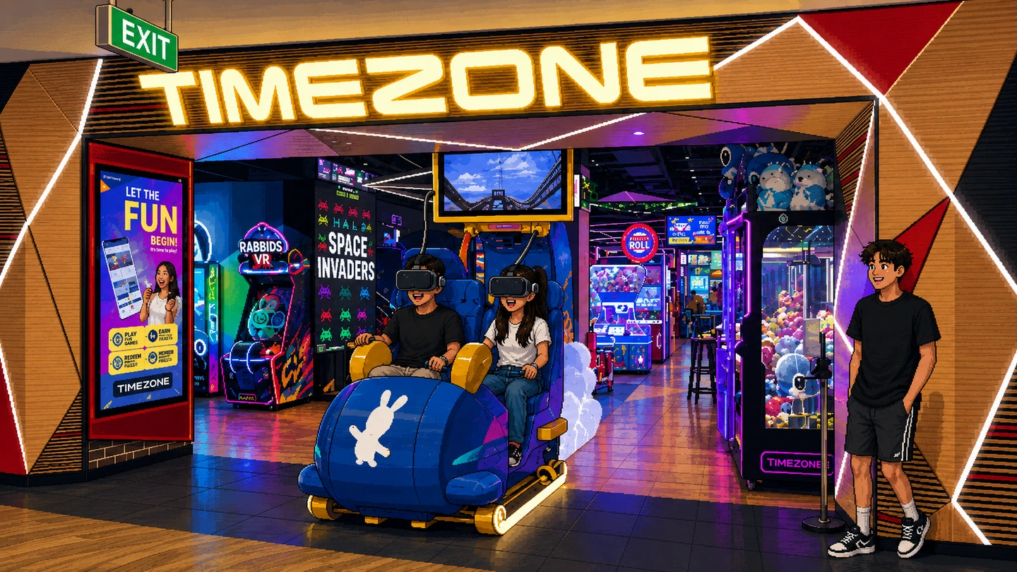 Pixel-art illustration of two people in VR headsets riding a motion simulator at the entrance to Timezone Northpoint City, the lit sign above them and claw machines and ticket games filling the arcade behind.