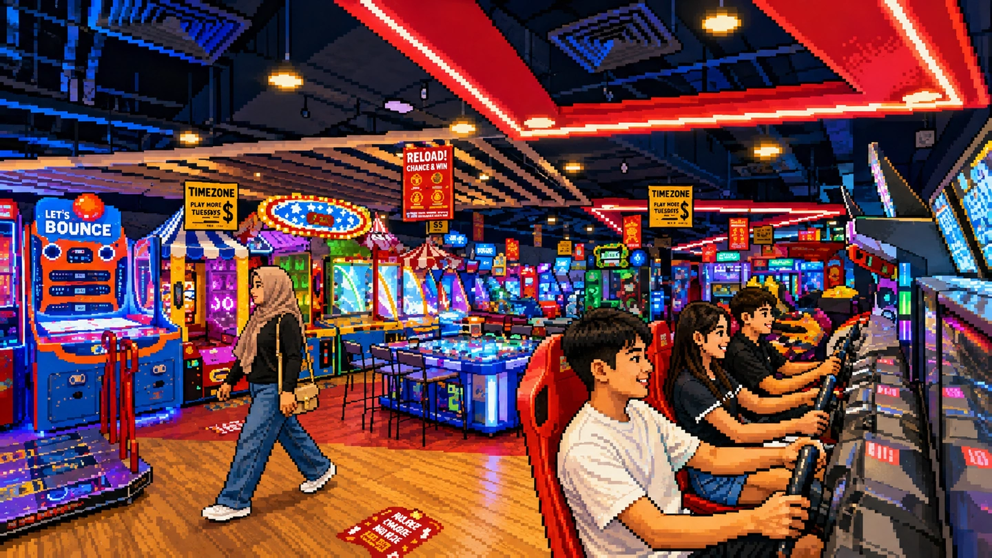 Pixel-art illustration of the floor at Timezone Our Tampines Hub, four people side by side in racing seats while a visitor walks past rows of neon-lit prize machines.