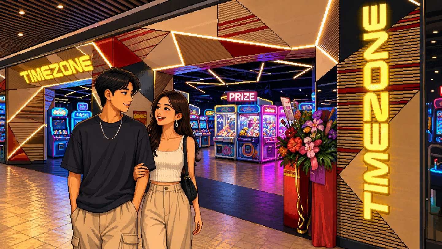 Pixel-art illustration of a couple walking out of Timezone at Pasir Ris Mall, lit TIMEZONE signage above and beside them and rows of claw machines and a prize counter inside.