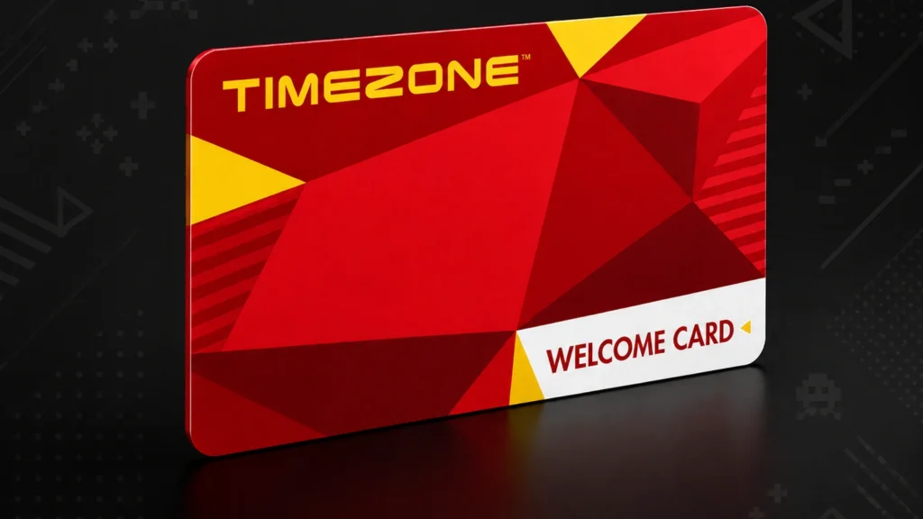 A red and yellow Timezone Powercard, marked Welcome Card, standing on a dark reflective surface.