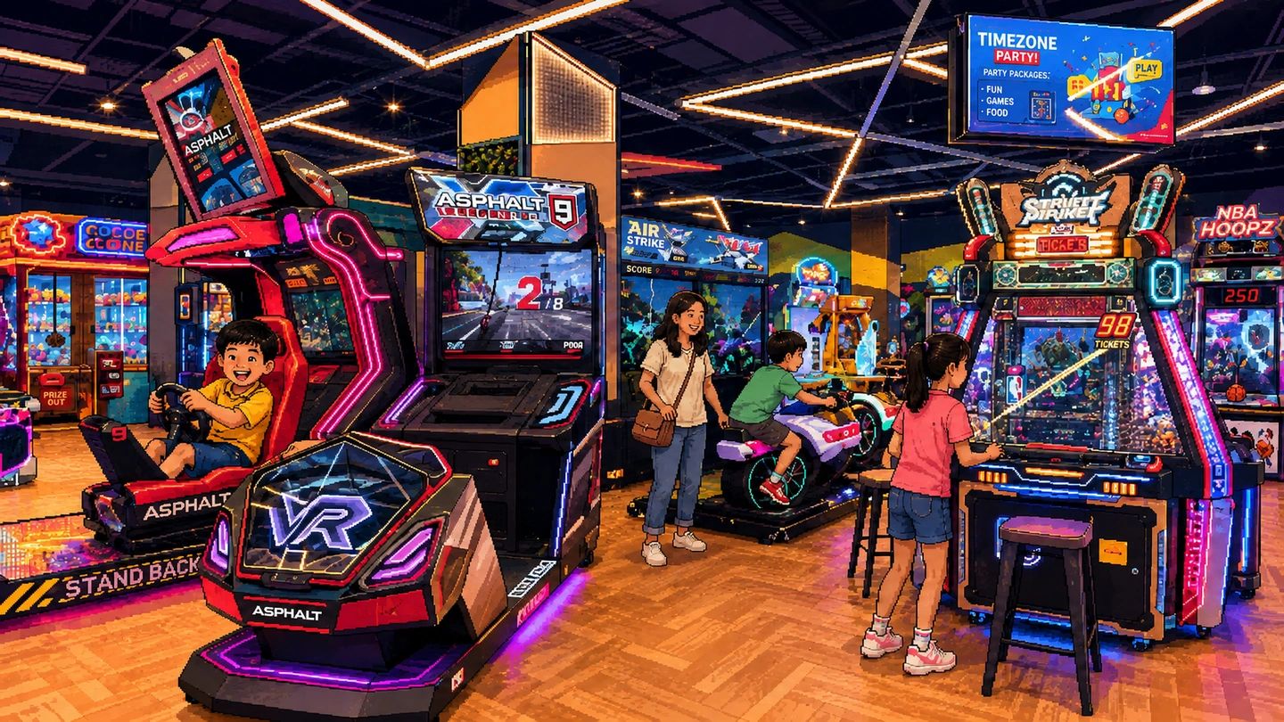 Pixel-art illustration of a Timezone floor with children on a racing cabinet and a motorbike ride, a parent watching, and ticket redemption machines along the far wall.