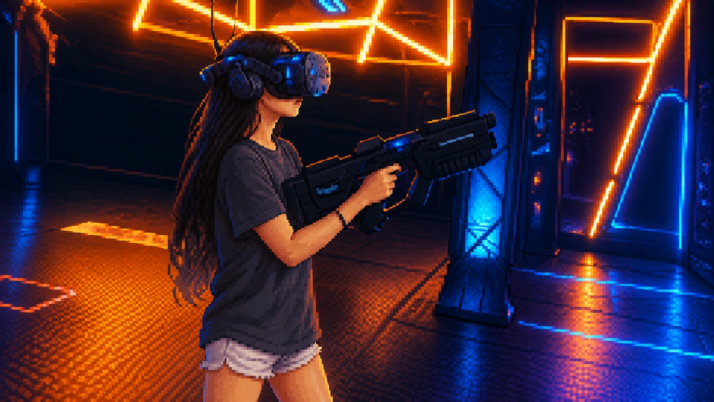 Pixel-art illustration of a player in a virtual reality headset raising a light gun inside a dark arena lit by orange and blue neon.
