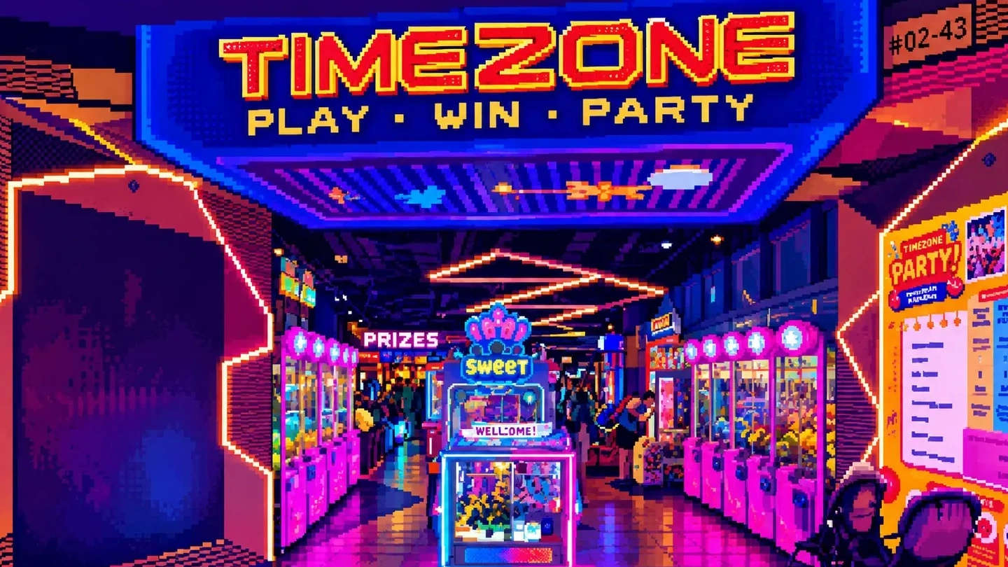 Pixel-art illustration of the Timezone VivoCity entrance at #02-43, with claw machines and prize counters under a neon sign.