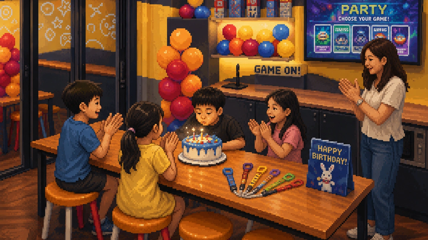 Pixel-art illustration of four children clapping around a birthday cake in the party room at Timezone Waterway Point, balloon columns behind them and a screen listing the games to choose from.