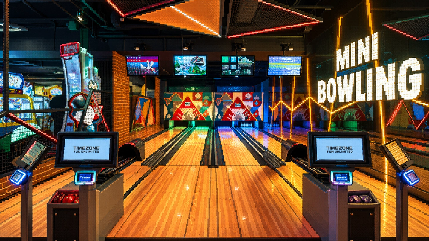 Pixel-art illustration of the mini bowling lanes at Timezone Westgate, scoring screens and ball returns in the foreground beneath a lit MINI BOWLING sign.