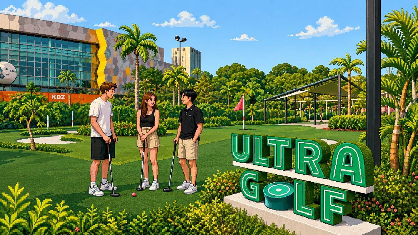 Pixel-art illustration of three friends with putters on the green at UltraGolf on Sentosa, palms and the course sign beside them under a blue sky.