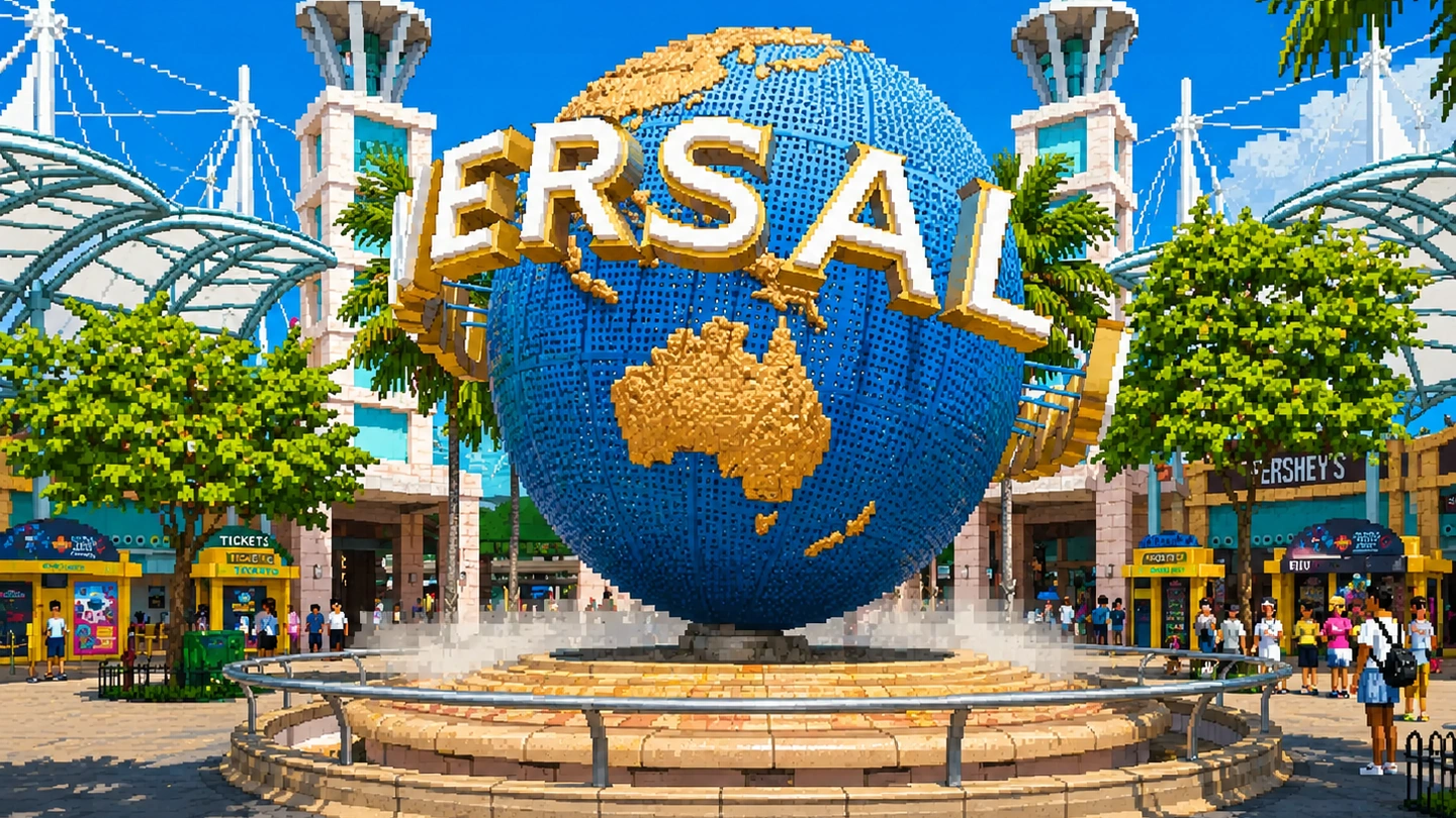 Pixel-art illustration of the Universal Studios Singapore entrance, with the revolving globe and fountain under a blue sky.