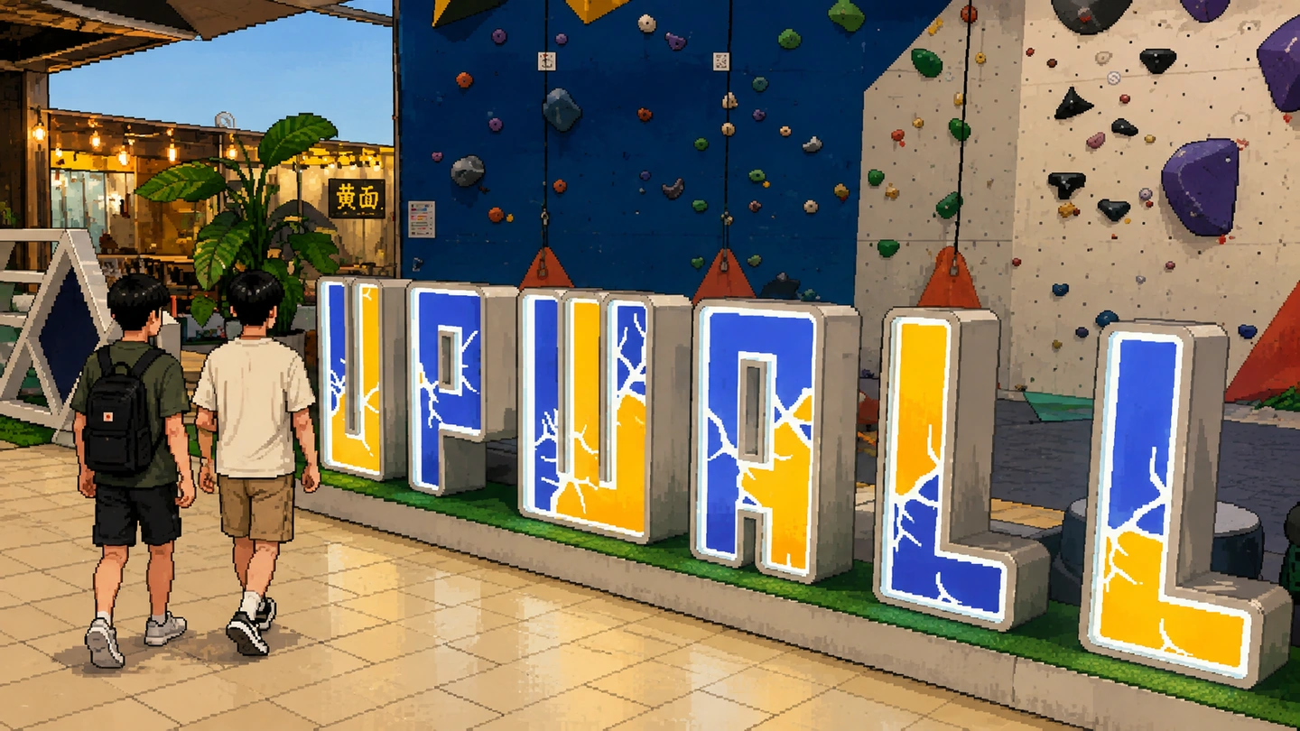 Pixel-art illustration of two people walking past giant UPWALL letters outside the gym, roped climbing walls and bouldering panels rising behind them.
