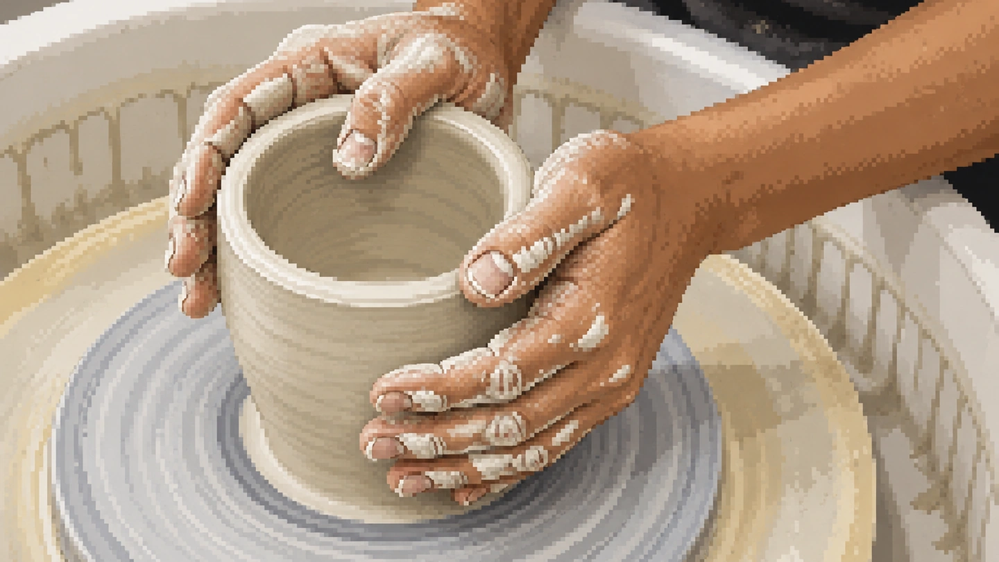 Pixel-art illustration of a pair of clay-covered hands shaping the walls of a cup on a spinning potter’s wheel, filling the frame.
