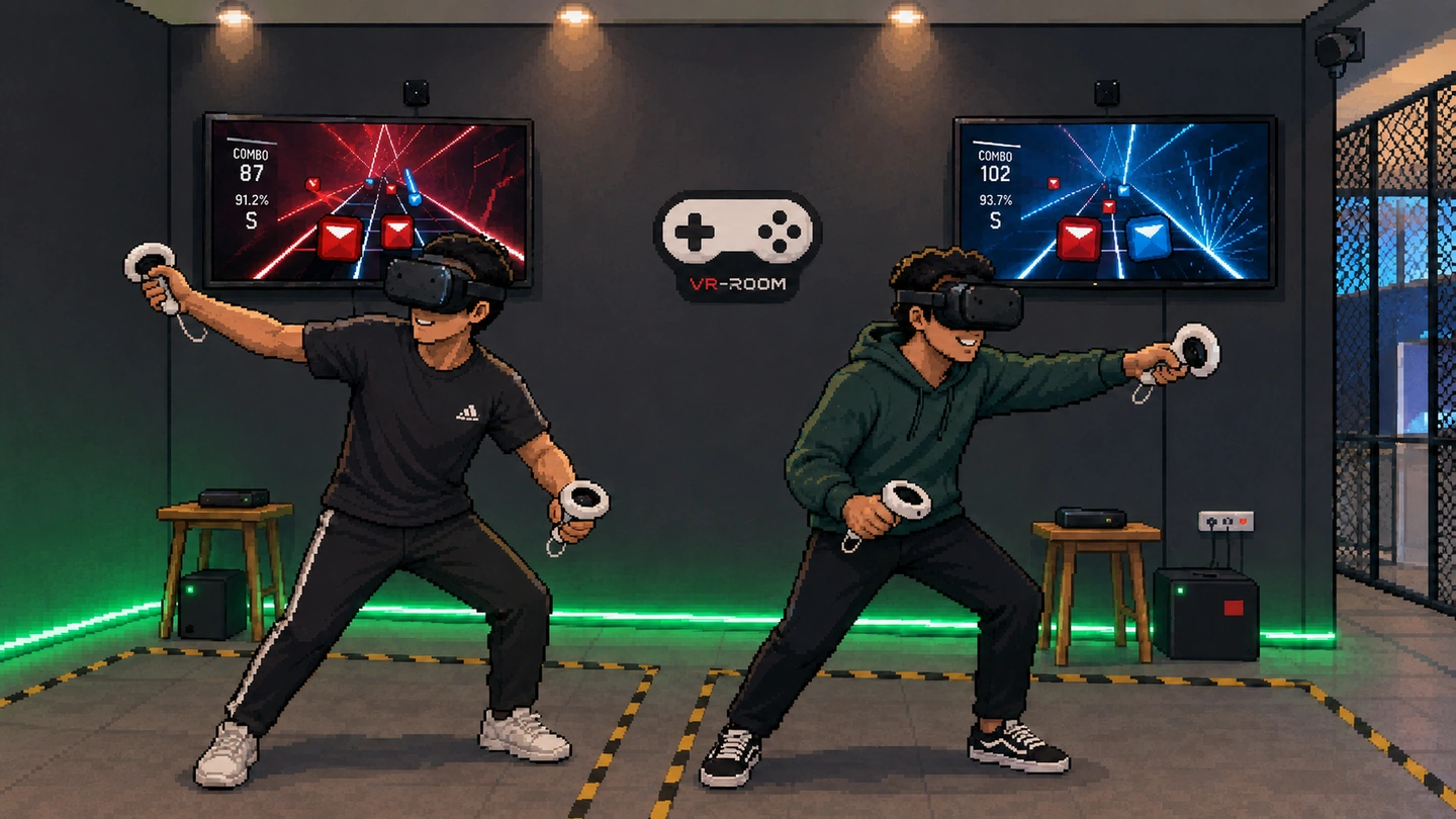 Pixel-art illustration of two players in VR headsets swinging controllers in a marked play area at V-Room, their rhythm game scores mirrored on screens on the wall behind them.