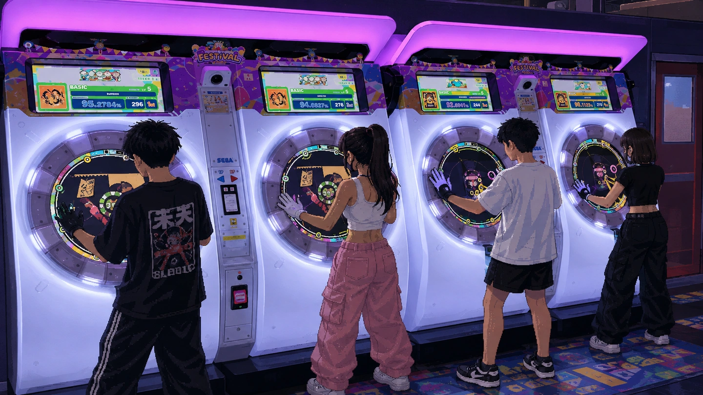 Pixel-art illustration of four players at a row of maimai rhythm cabinets, each with both hands on the circular touchscreen and their scores shown on the monitors above.